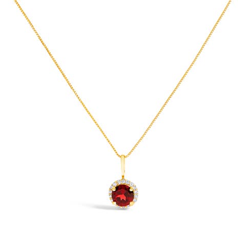 10K Gold Gemstone and 1/10 Cttw Diamond Accent Halo Pendant Necklace