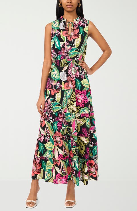 Tie Keyhole Sleeveless Tiered Maxi Dress