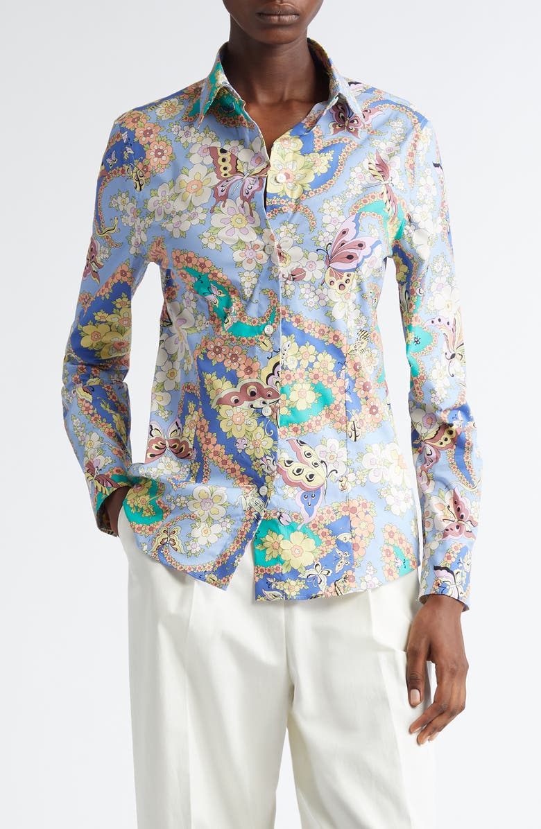 Etro Floral Paisley Stretch Poplin Button-Up Shirt, Main, color,