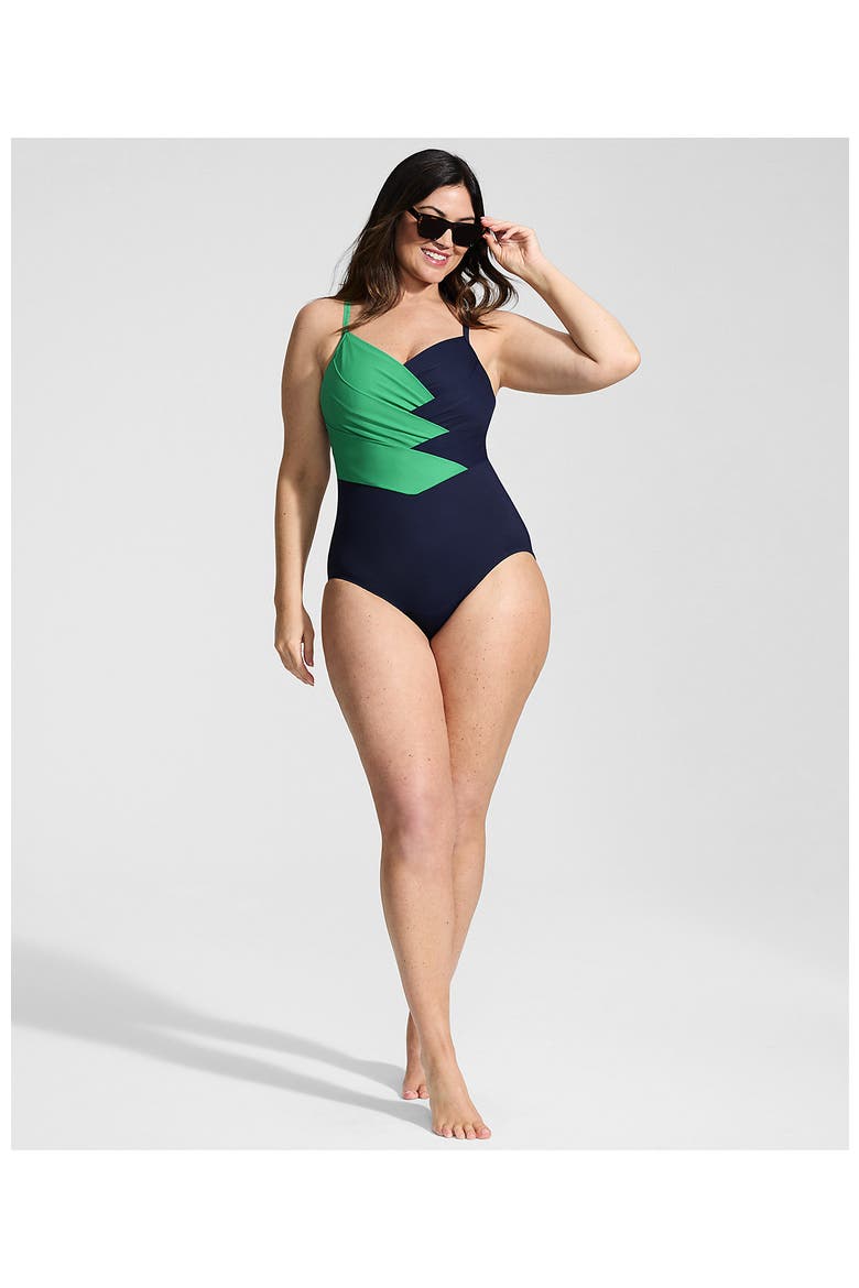 Slender Suit V-neck Pleated X-back One Piece Swimsuit Adjustable Straps, Alternate, color, Green/Navy