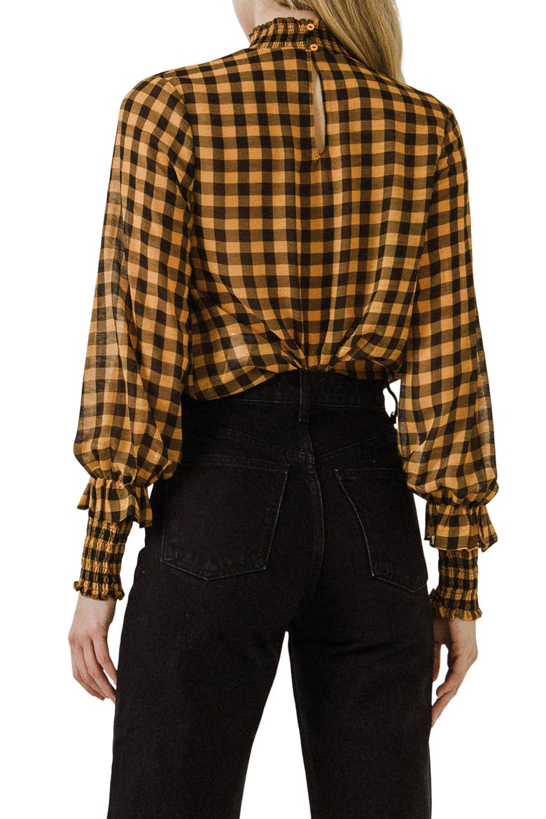 Checkered Mock Neck Long Sleeve Blouse, Alternate, color, YELLOW/ BLACK