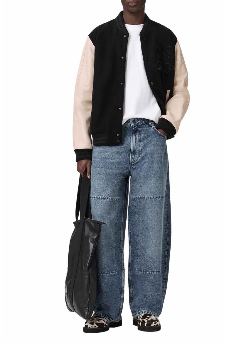 Holloway Wool & Leather Varsity Bomber Jacket, Alternate, color, BLACK/ WHITE