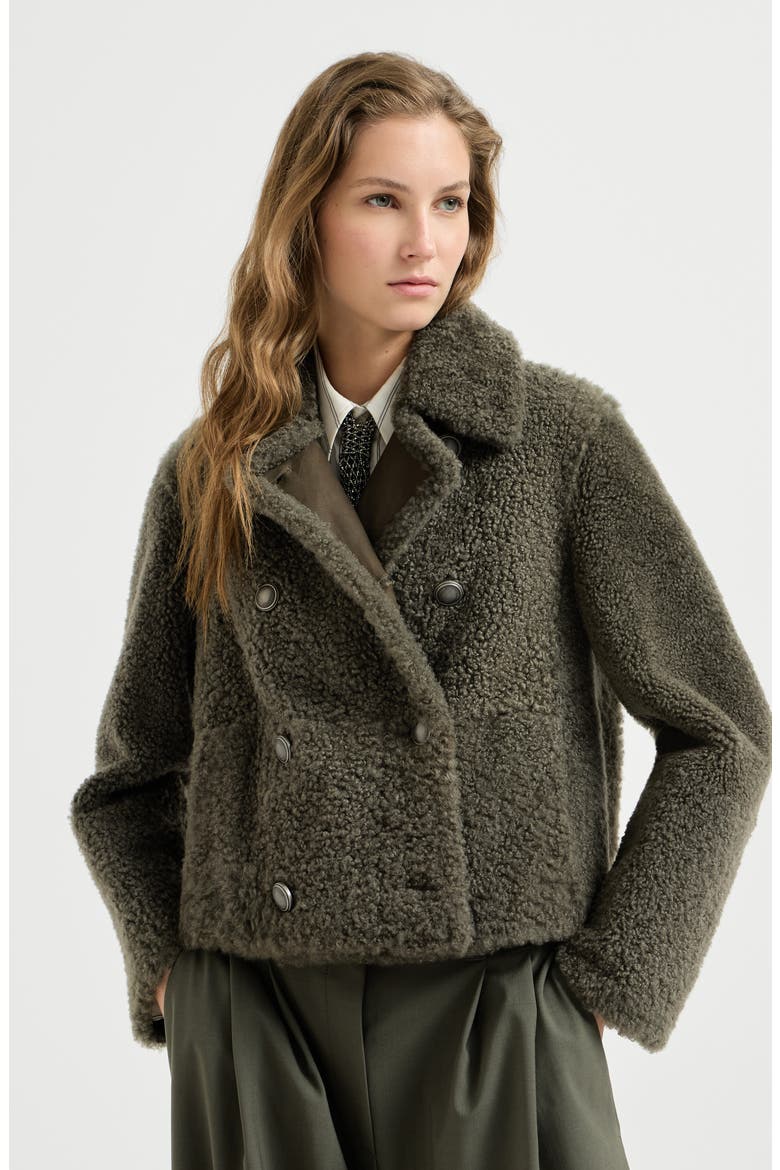Fuzzy shearling pea coat, Main, color, Green