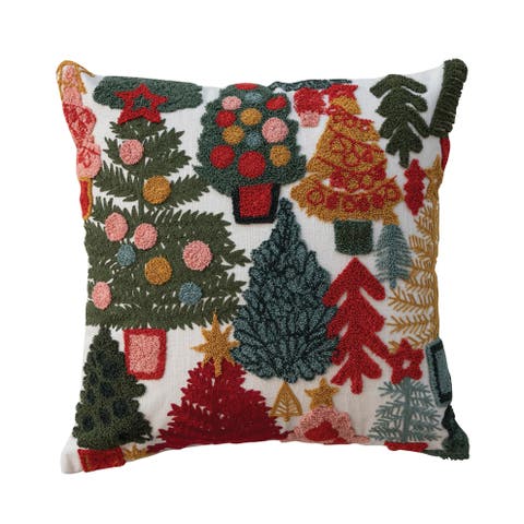 Embroidered Cotton Slub Pillow with Whimsical Christmas Trees