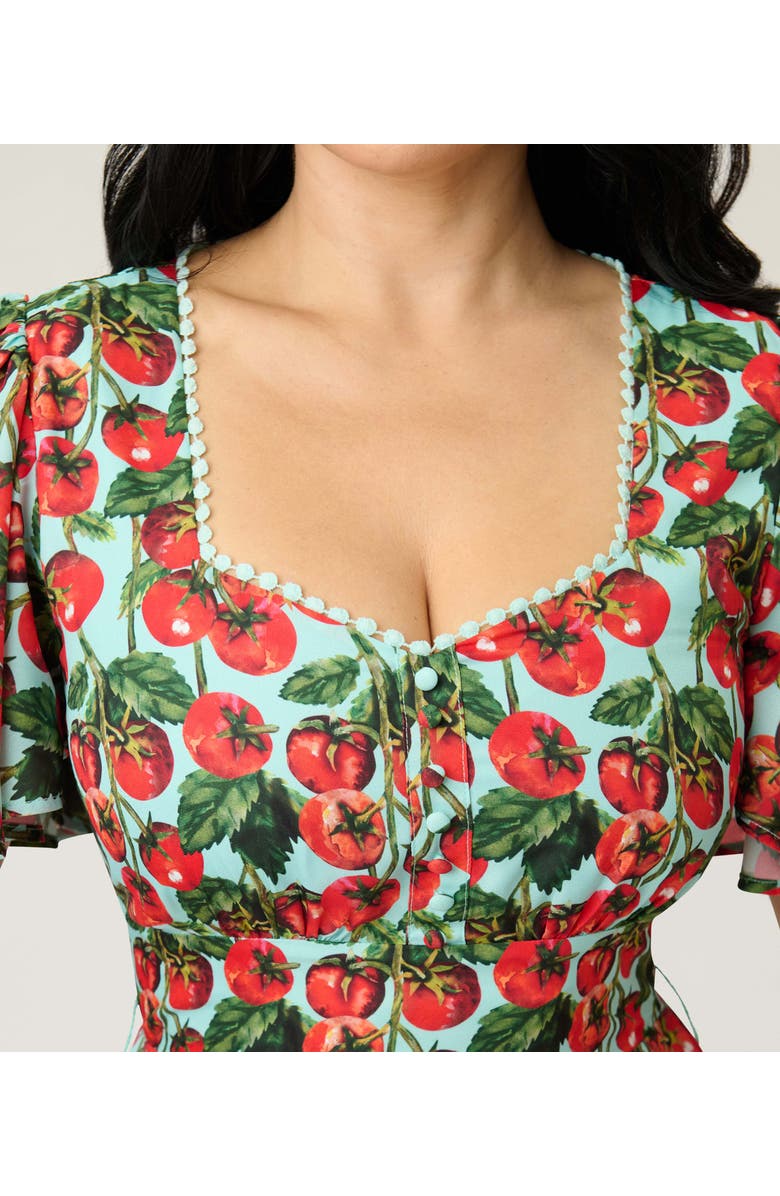 Unique Vintage Short Puff Sleeve Sweetheart Neck Godet Midi Dress, Alternate, color, Blue W/ Tomato Print