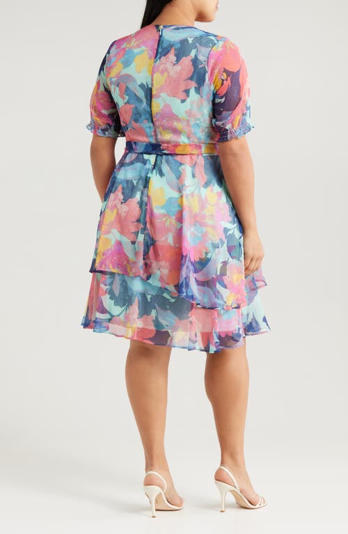 Tahari Asl Floral Shadow Stripe Short Sleeve Faux Wrap Dress In Seafoam Multi