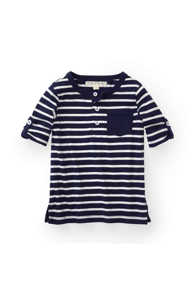 Hope & Henry Boys' Henley Pocket Tee with Rolled Sleeves, Kids, Main, color, Navy Stripe With Pocket