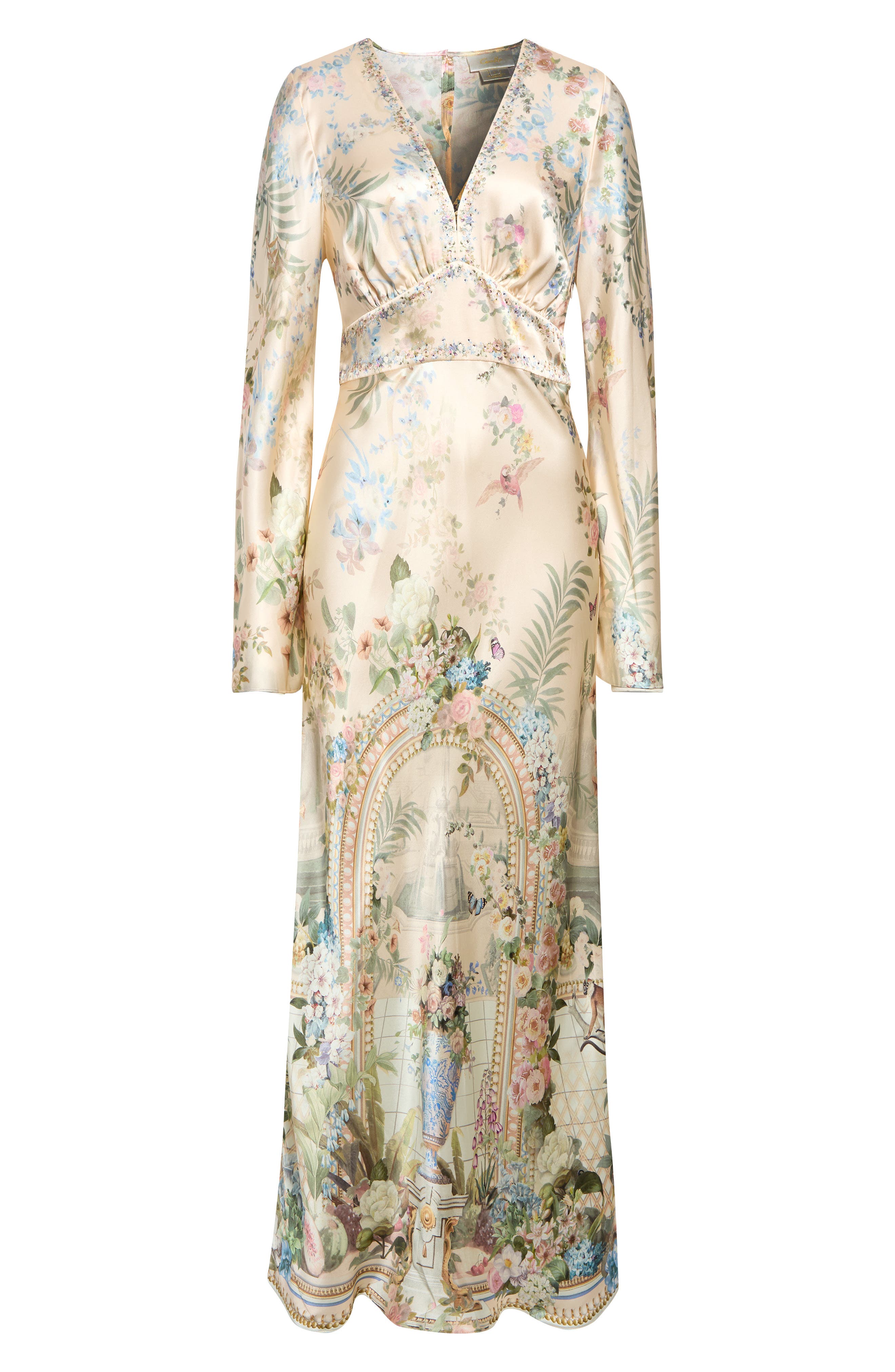 Camilla Crystal Embellished Floral Long Sleeve Silk Charmeuse V-neck Dress In Neutral