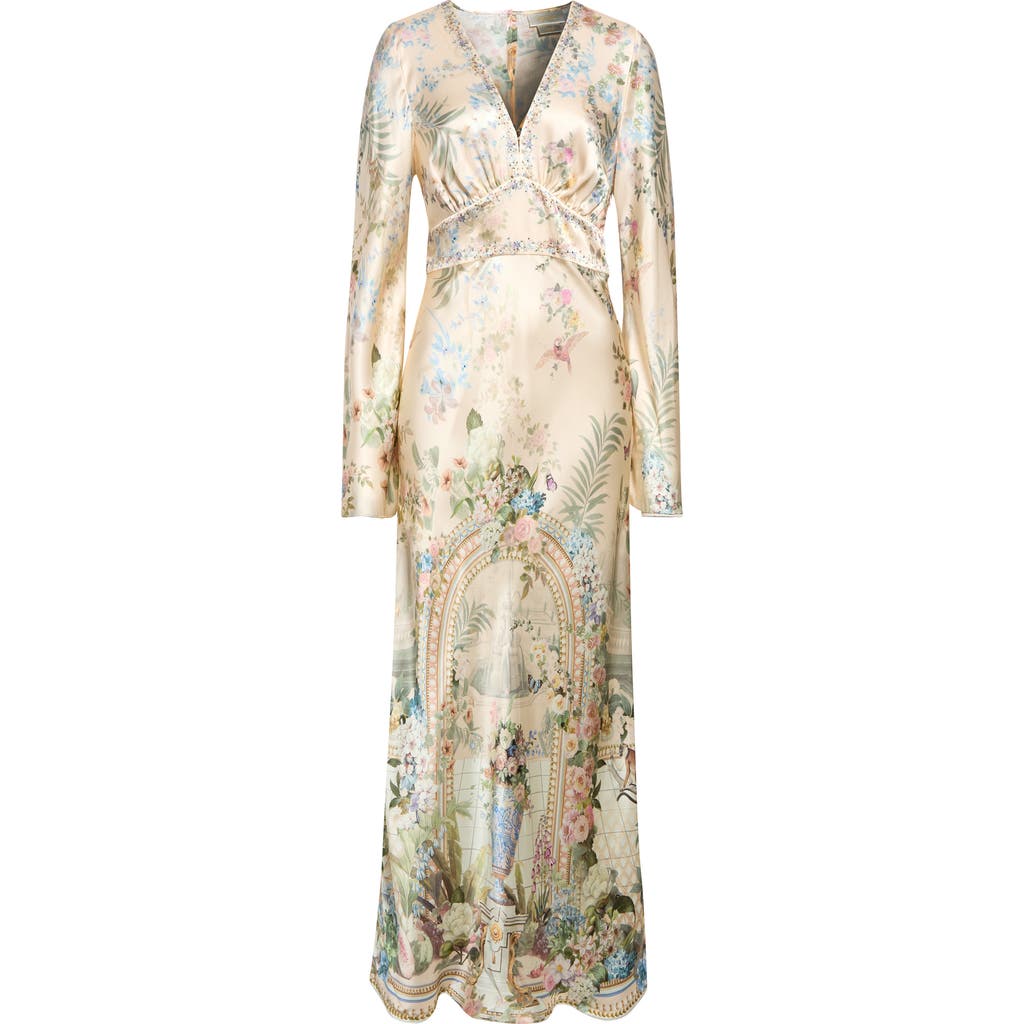 Camilla Crystal Embellished Floral Long Sleeve Silk Charmeuse V-neck Dress In Neutral