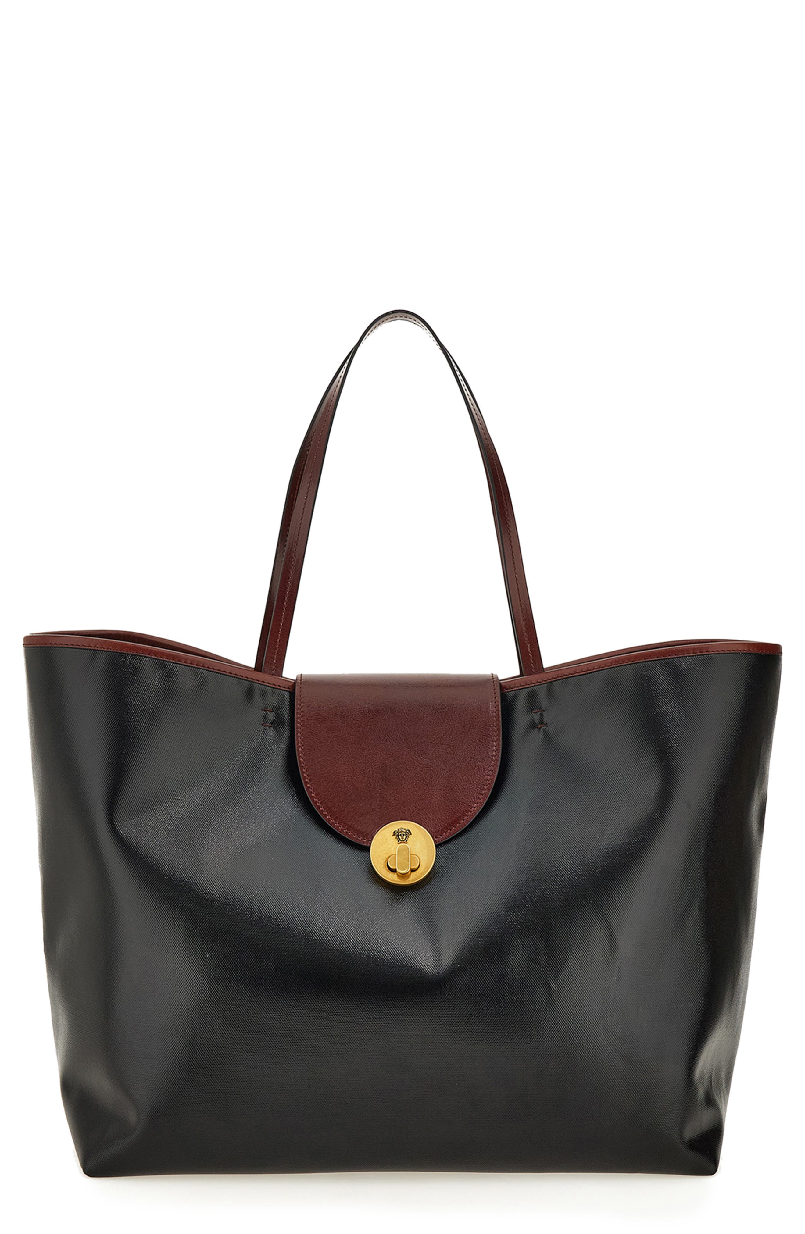 Versace Large Vivian Coated Canvas & Leather Tote, Main, color, Black Rosewood-Gold 82