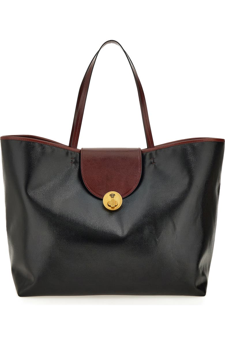 Versace Large Vivian Coated Canvas & Leather Tote, Main, color, Black Rosewood-Gold 82