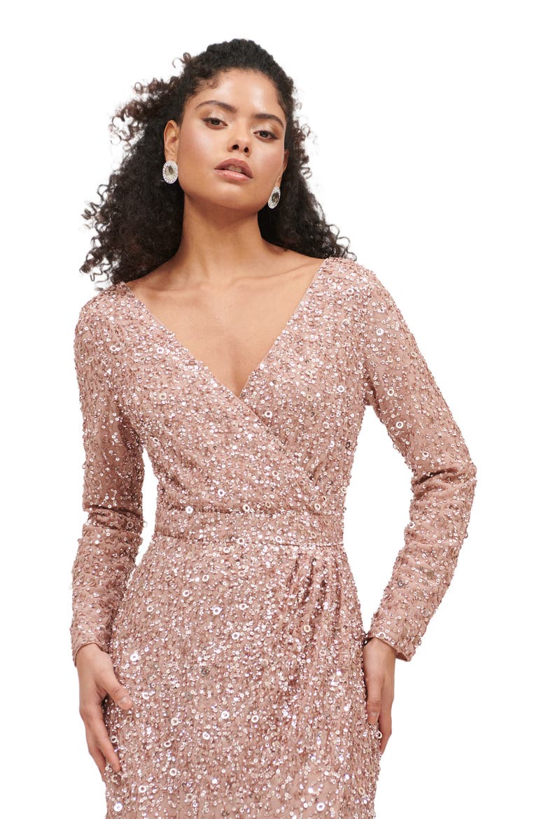 Occasion Embellished Sequin Beaded Maxi Wrap With Sleeves Evening Dress, Alternate, color, TAUPE BLUSH