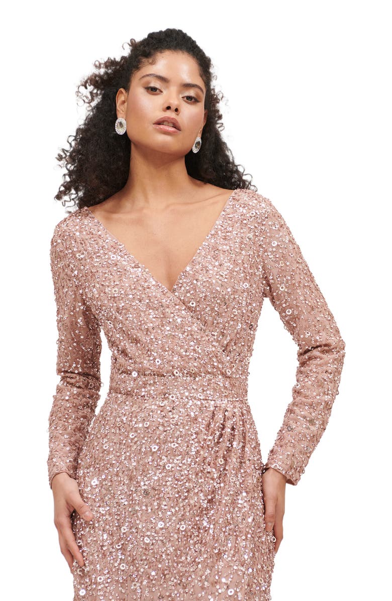 BEAUUT Occasion Embellished Sequin Beaded Maxi Wrap With Sleeves Evening Dress, Alternate, color, Taupe Blush
