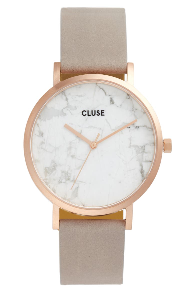La Roche Marble Leather Strap Watch, 38mm, Main, color, WHITE