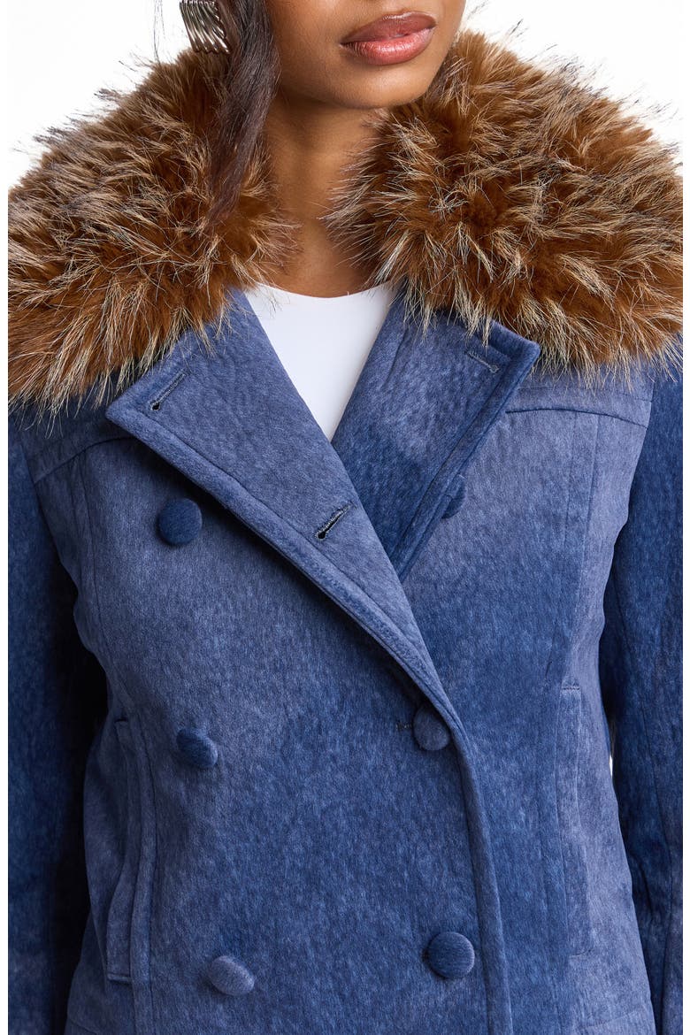 Faux Fur Collar Double Breasted Jacket, Alternate, color, BRIGHT BLUE