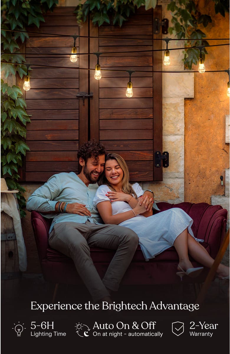 Brightech 48 ft, 15 light Solar Powered Heavy Duty LED Outdoor String Lights, Gold Accent Brass Socket, Weatherproof Bulbs, Alternate, color, 28 Ft 12 Bulbs | Warm White