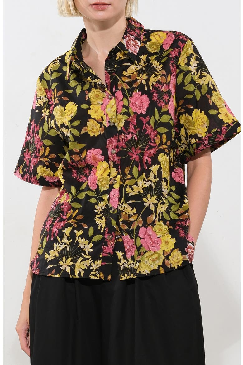 Floral Cotton Snap-Up Shirt, Main, color, BLACK