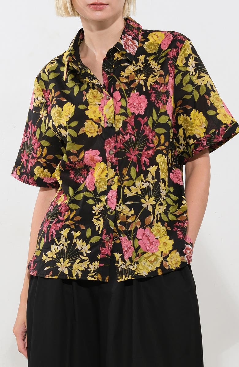 FREEMARKET Floral Cotton Snap-Up Shirt, Main, color, Black