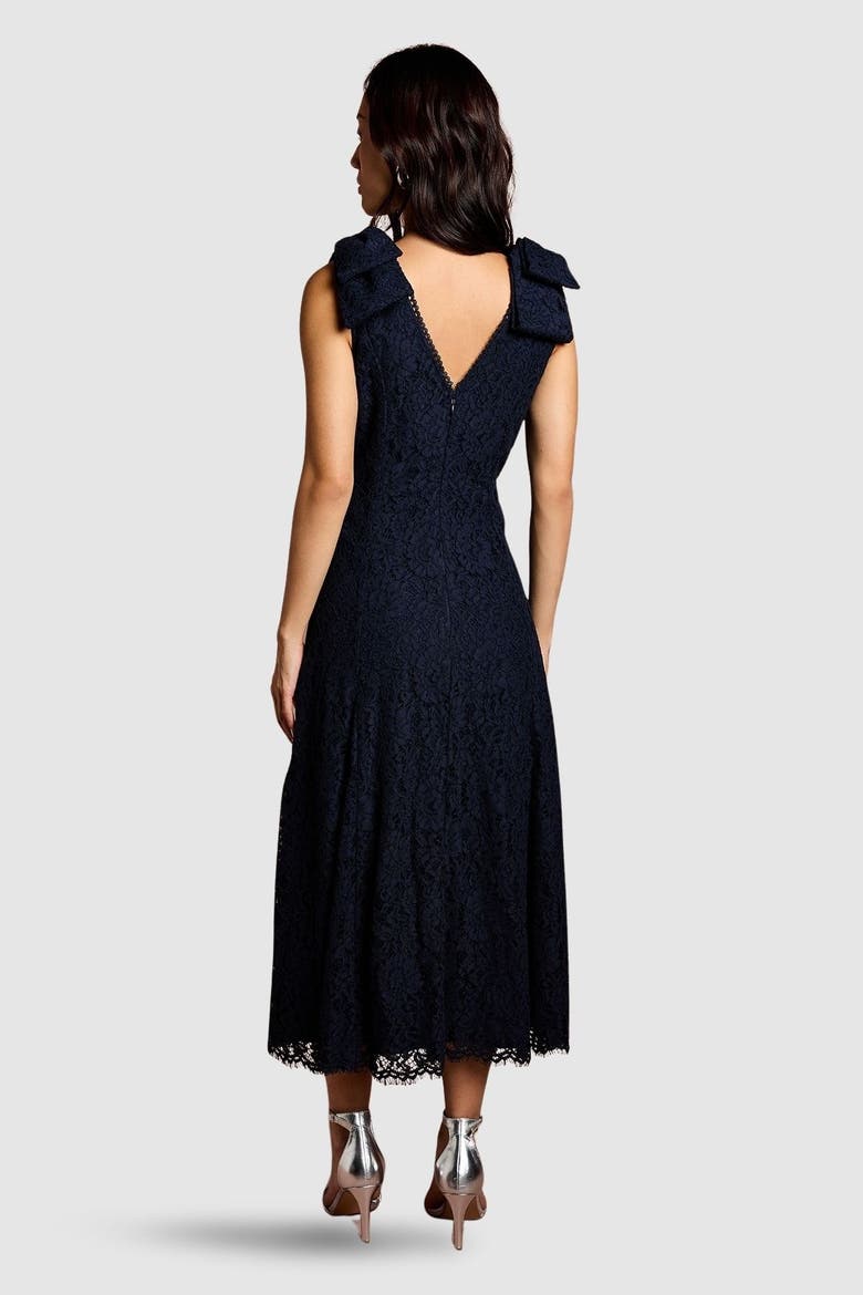 Bow Shoulder V Neck Lace Midi Dress, Alternate, color, Navy