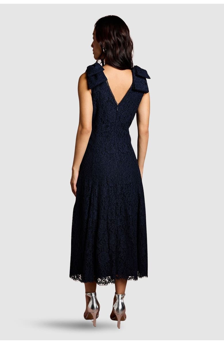 Coast Bow Shoulder V Neck Lace Midi Dress, Alternate, color, Navy