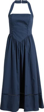 MOON RIVER Ladder Stitch Detail Halter Neck Cotton Dress