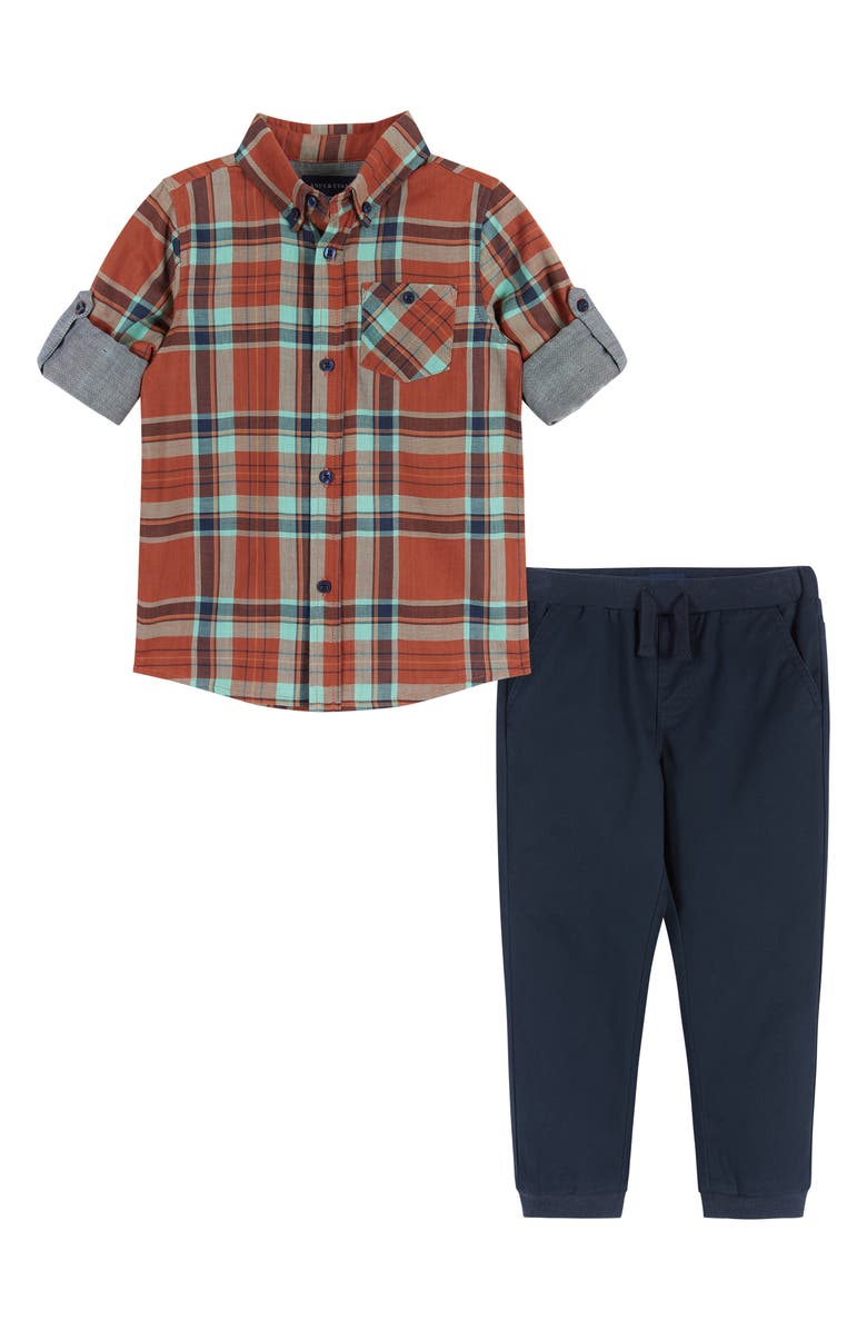 Andy & Evan Rust Plaid Button-Down Shirt & Pants Set, Main, color,