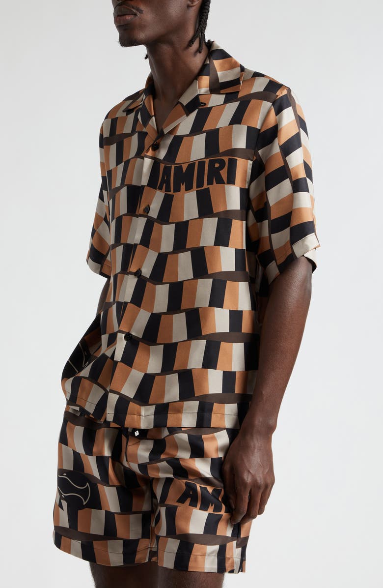 AMIRI Snake Checkerboard Silk Camp Shirt, Alternate, color, 