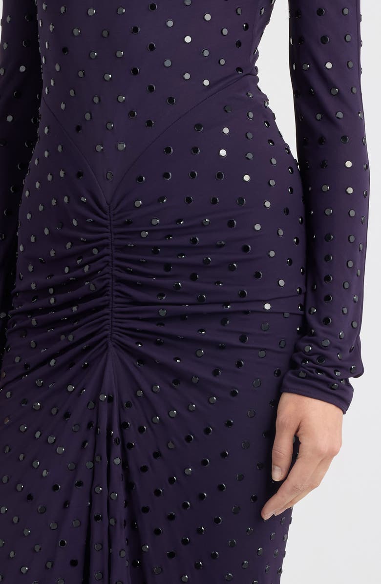 Alaïa Crystal Embellished Ruched Long Sleeve Jersey Dress, Alternate, color, Aubergine/ Noir