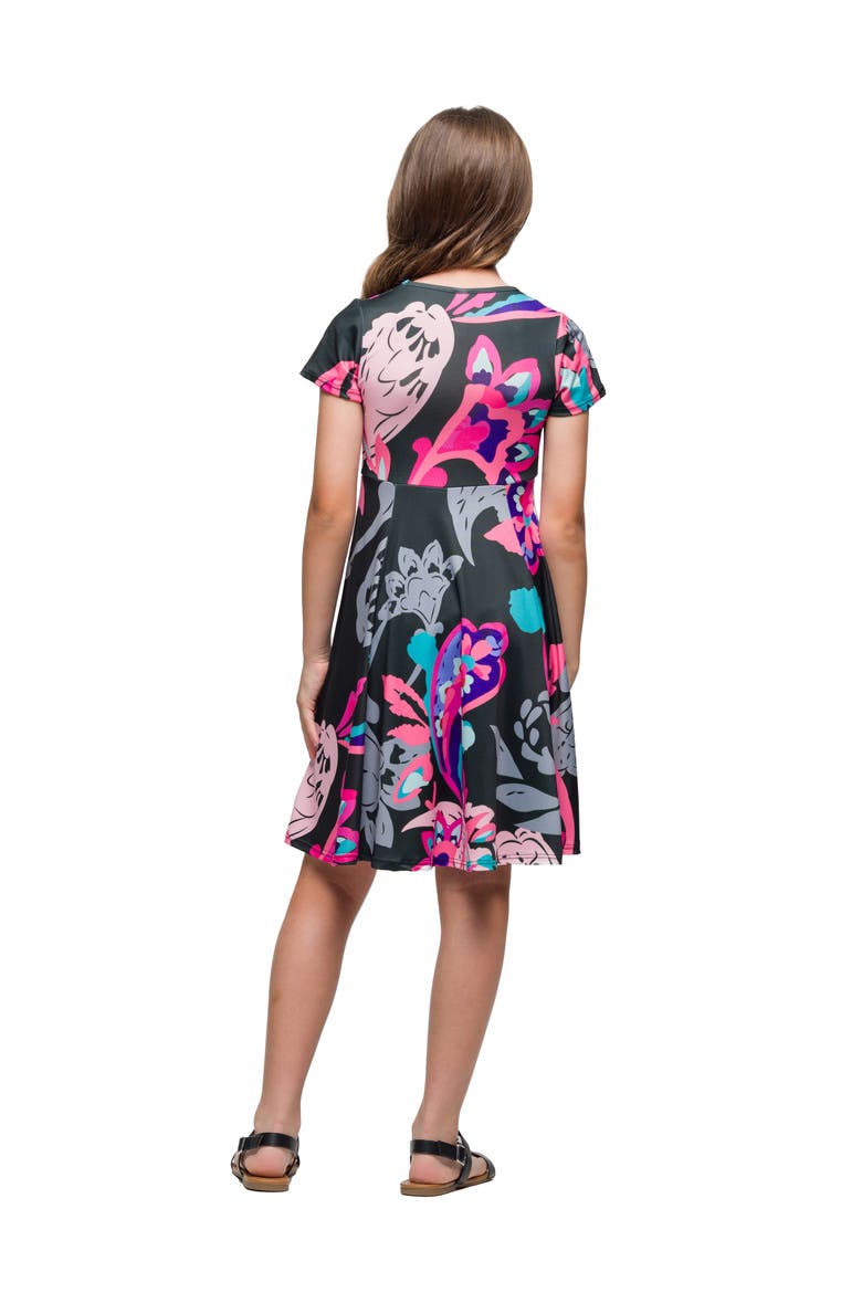 Black and Pink Paisley Fit and Flare Knee Length Dress, Alternate, color, Black Multi