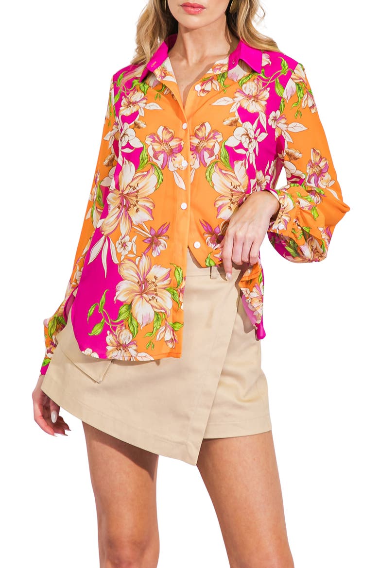 Floral Print Button-Up Shirt, Main, color, ORANGE FUCHSIA
