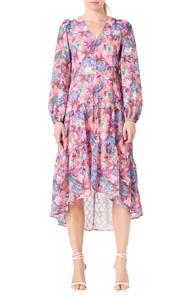 Endless Rose Floral Print Long Sleeve High-Low Dress, Main, color, 