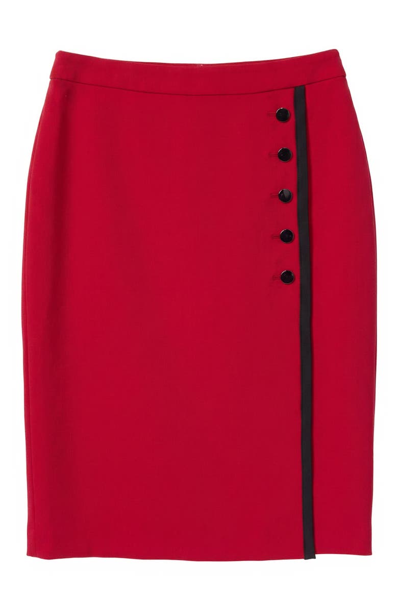 Faux Wrap Skirt with Buttons, Alternate, color, FIRE RED/ BLACK