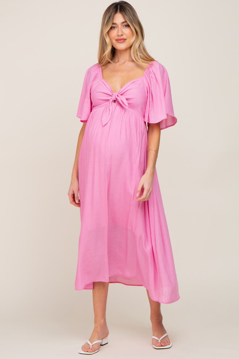 Front Tie Ruffle Sleeve Midi Dress, Alternate, color, Pink