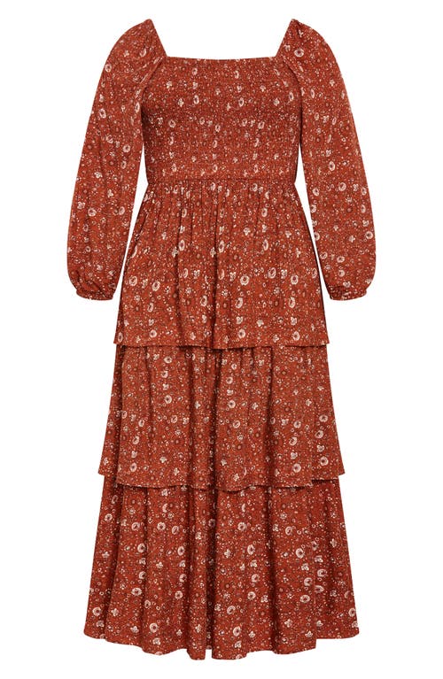 City Chic Dahlia Smocked Long Sleeve Tiered Maxi Dress In Spice Ditsy