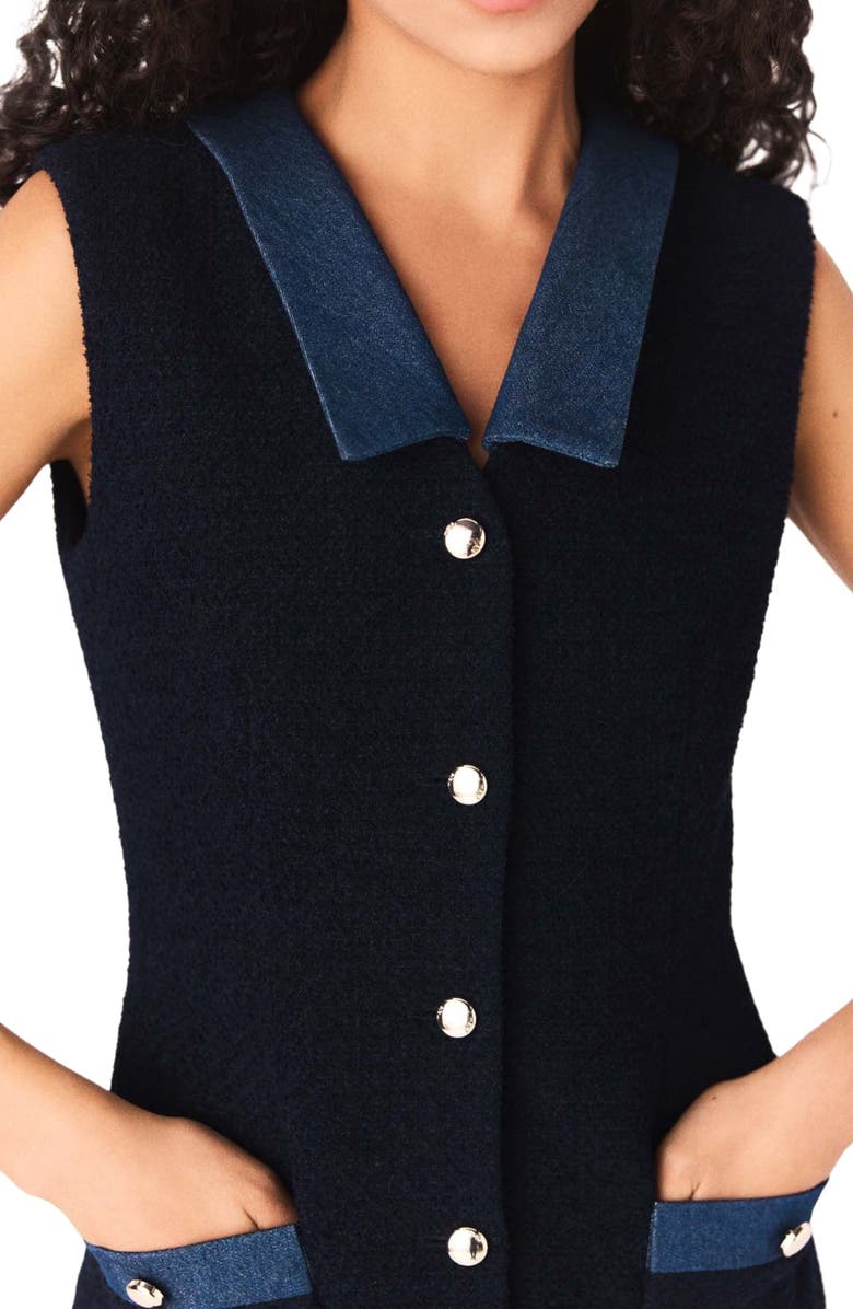 maje Tweed dress with denim details, Alternate, color, Navy