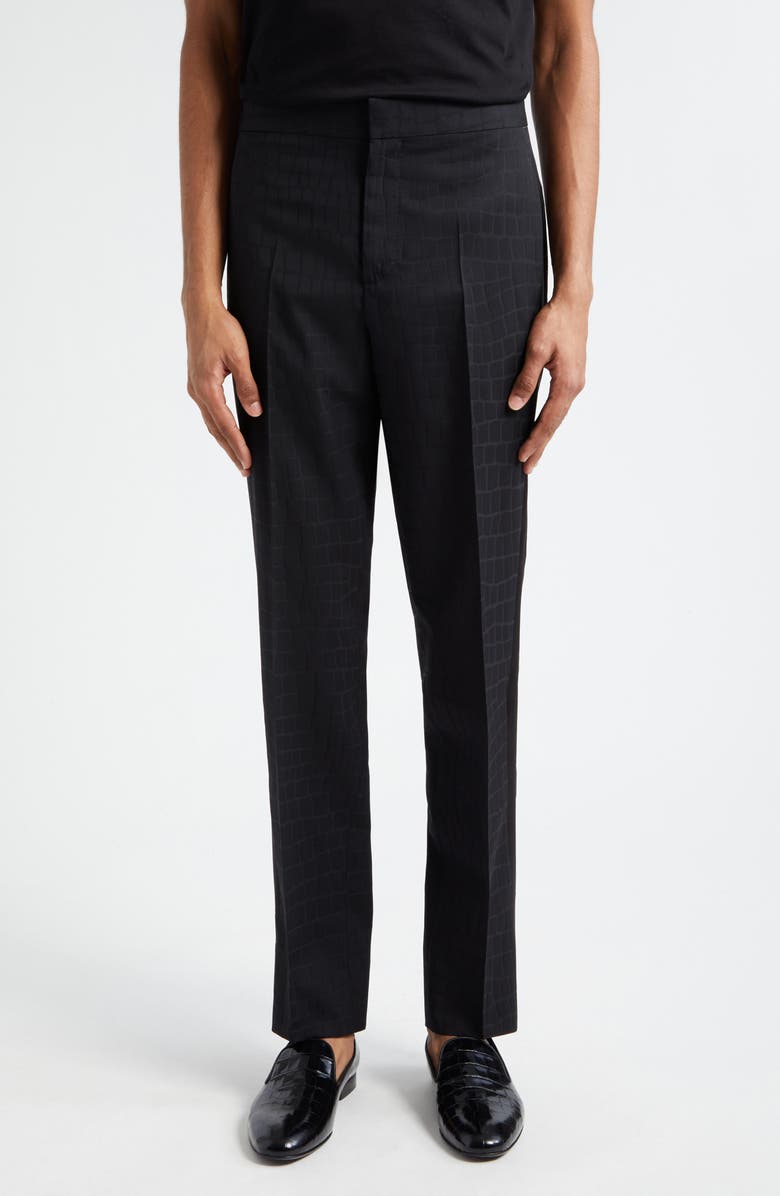 Versace Crocodile Jacquard Straight Leg Virgin Wool Tuxedo Pants, Main, color,