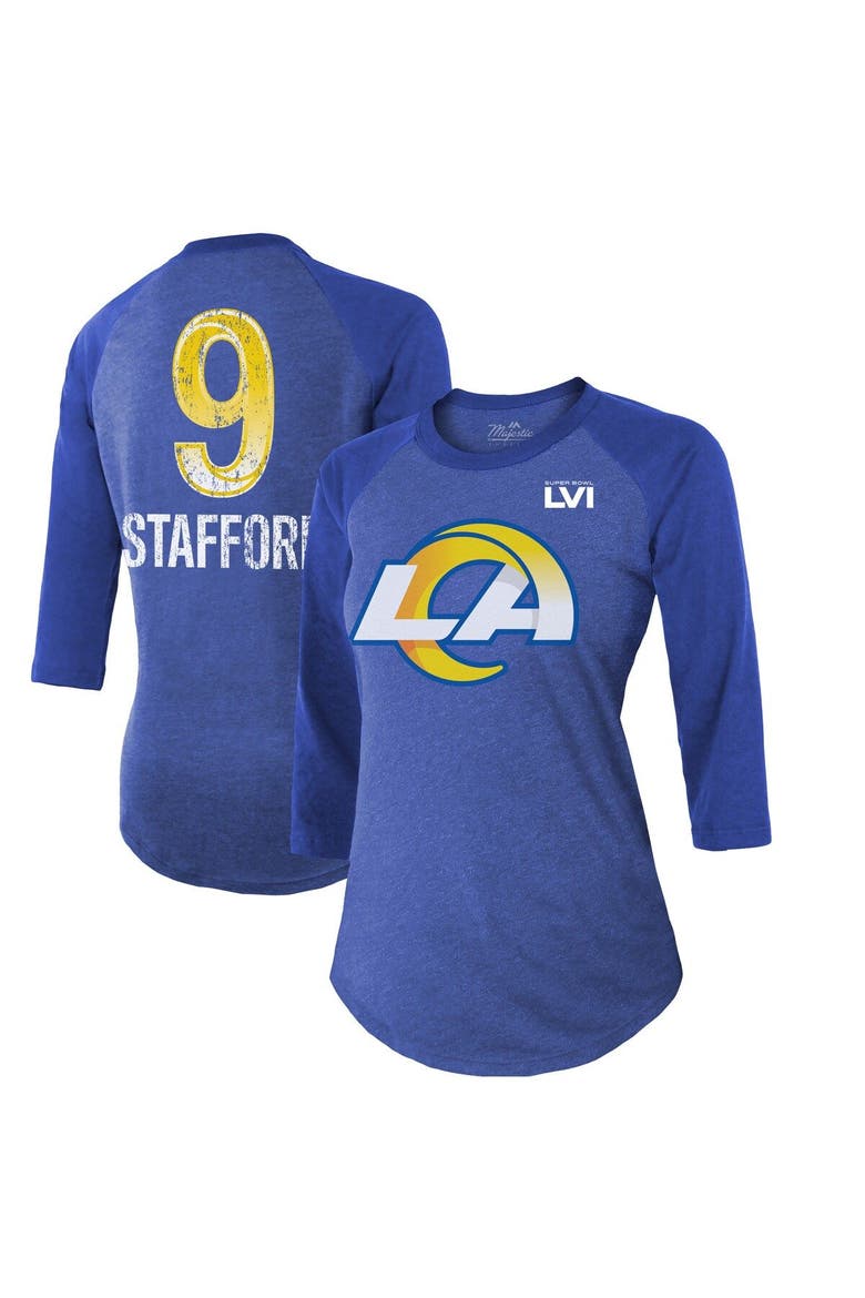 Women's Majestic Threads Matthew Stafford Royal Los Angeles Rams Super Bowl LVI Name & Number Raglan 3/4 Sleeve T-Shirt, Main, color, Royal