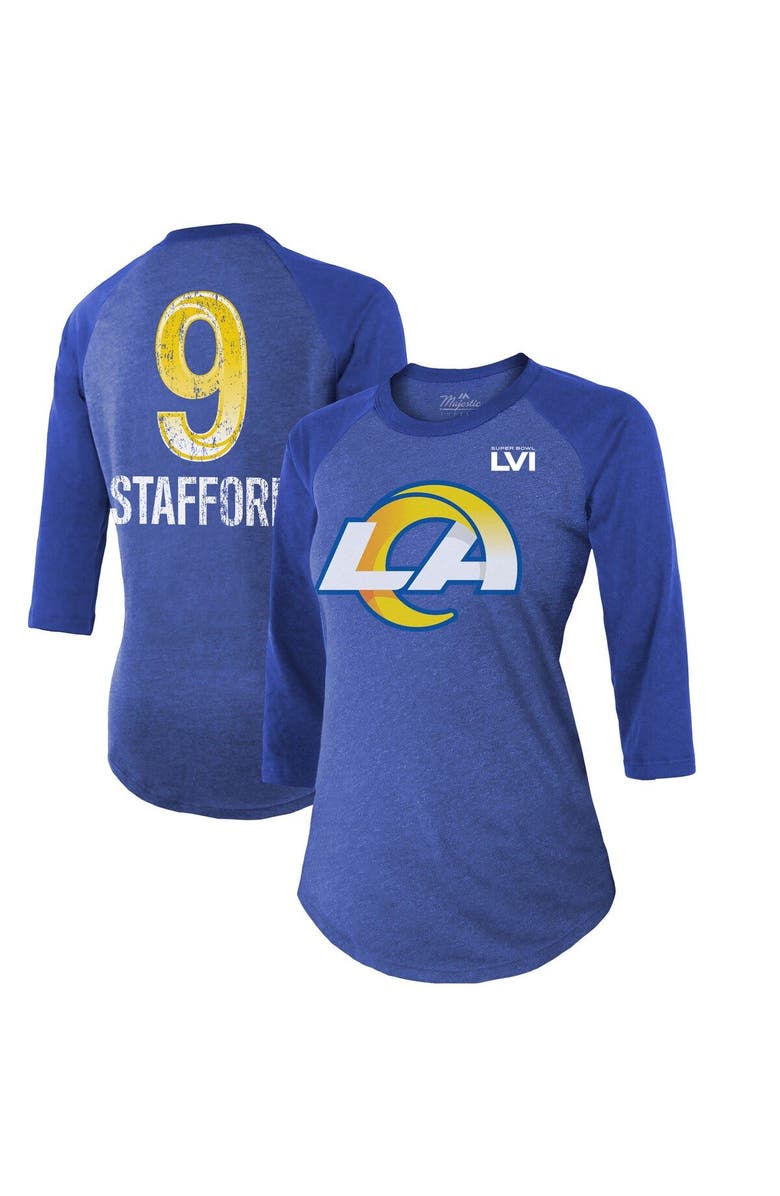 Majestic Threads Women's Majestic Threads Matthew Stafford Royal Los Angeles Rams Super Bowl LVI Name & Number Raglan 3/4 Sleeve T-Shirt, Main, color, 