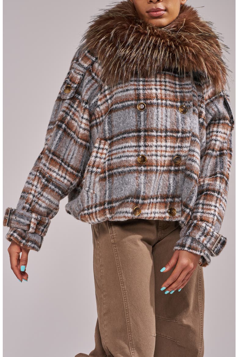 Linnea Plaid Bomber Jacket with Faux Fur Trim, Main, color, GREY MULTI