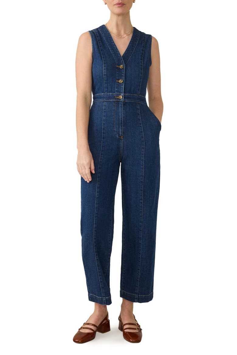 Giselle Sleeveless Denim Jumpsuit, Main, color, DUSK DIVE WASH