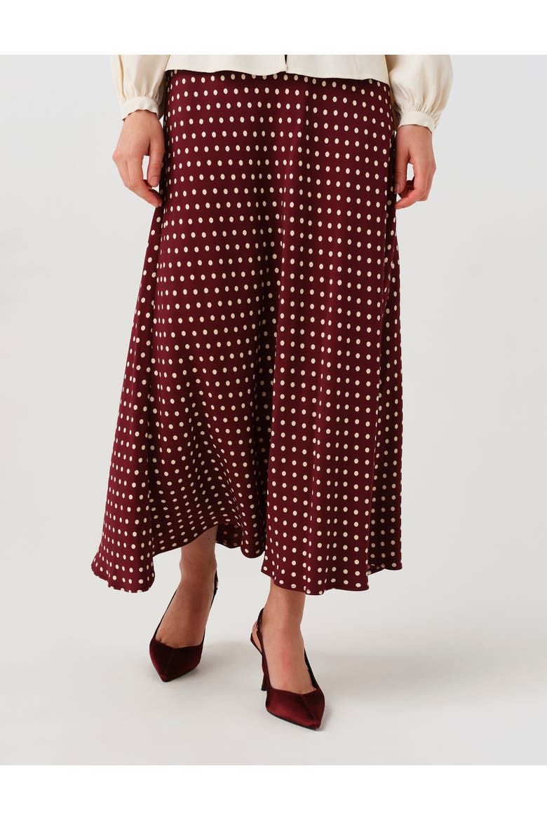 Lyra Spot Midi Satin Skirt, Alternate, color, Burgundy Spot