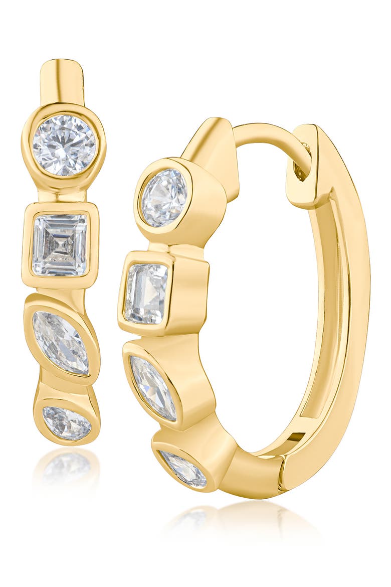 Bezel Mixed Cut Cubic Zirconia Huggie Hoops, Main, color, GOLD PLATED