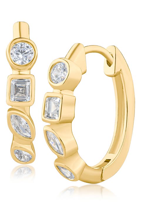 Bezel Mixed Cut Cubic Zirconia Huggie Hoops