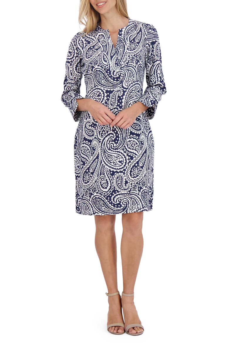 Vena Paisley Long Sleeve Shift Dress, Main, color, NAVY/ WHITE