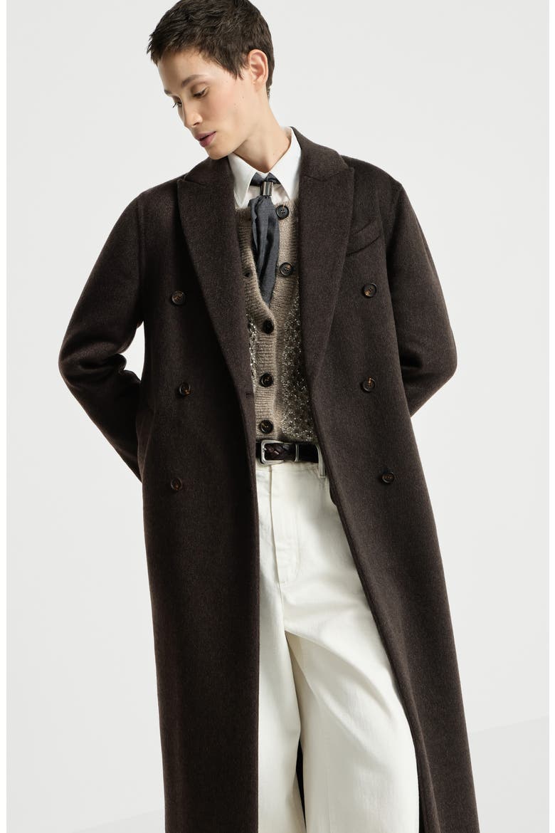 Hand-crafted coat in cashmere double beaver cloth with monili, Alternate, color, Brown