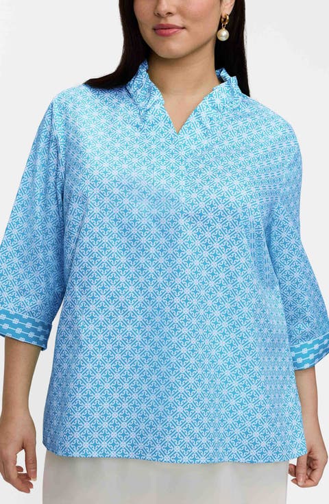 Tammy Geo Lattice Print Ruffle Collar Cotton Top (Plus)