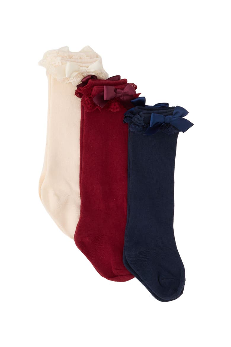 3-Pack Lace Ruffle Bow Knee High Socks, Main, color, Dark Navy/Ivory/Dark Cherry