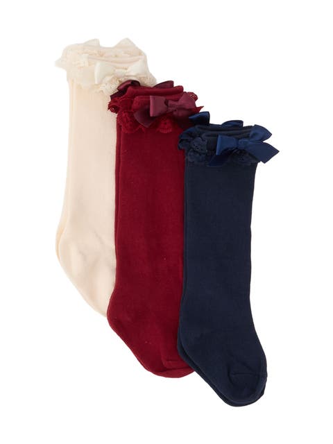 3-Pack Lace Ruffle Bow Knee High Socks