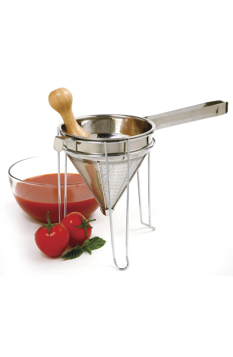 Norpro Stainless Steel Chinois with Chromed Steel Stand and Rubberwood Pestle, 3 Piece Set, Alternate, color, Silver