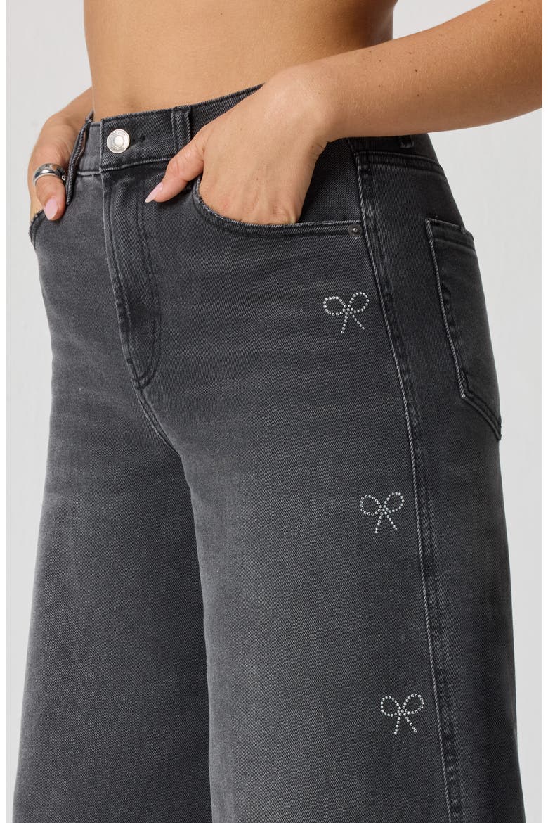 Crystal Bow High Waist Wide Leg Jeans, Alternate, color, WASHED BLACK